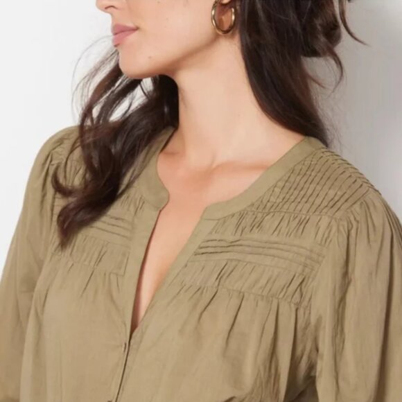 Cleobella River Organic Cotton Pintuck Puff Sleeve Button Up Blouse Olive Green - Picture 3 of 11